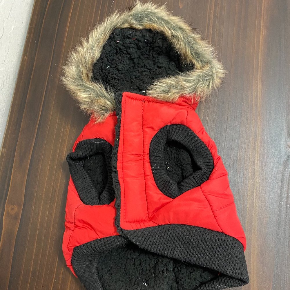 Frisco Dog Parka Coat with Faux Fur Lined Hood. Red. Size XS - Picture 2 of 5